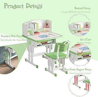 WGLAWL Kids' Table and Chair Set, Height Adjustable Ergonomic Study Desk With Large Storage Drawer, Built-in Bookshelf - Children's Computer Workstation, Bedroom Furniture