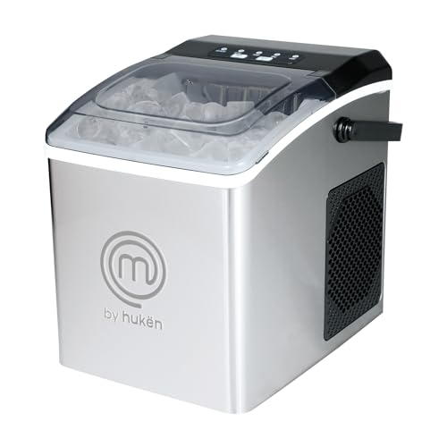 Hukën x MasterChef | Máquina de Hielos FREEZEMAX | 9 Hielos en 6 Min | 2 Tamaños | Panel Digital | Tanque 1.3L | Acero Inoxidable | Incluye Cuchara y Bandeja Removible