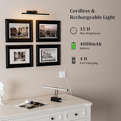 Image of Battery Operated Wall Light, 13.8'', Set of 2, Black, Remote Control | 4000mAh Cordless, Wall Light, Magnetic for Easy to Charge,Timers, Display for Gallery Living Room Bedroom