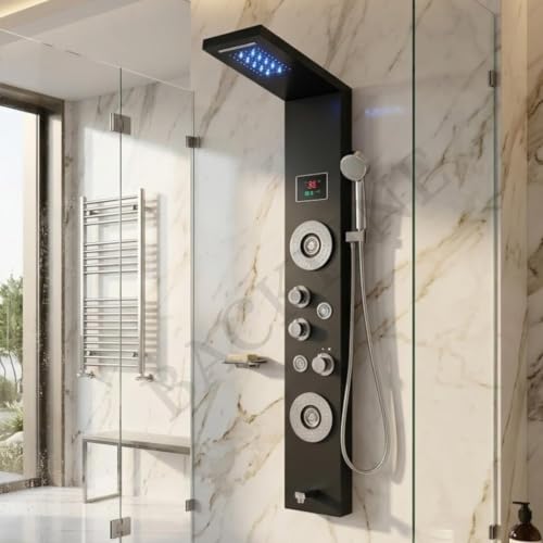 Image of Backline Stainless Steel 7-in-1 Thermostatic Shower Panel System with Digital Temperature Display - Rainfall Shower Head, Body Spray Jets, Handheld Shower & Tub Spout, Hot & Cold Water Control (Black)
