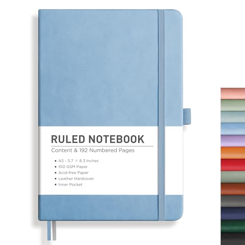 Image of RETTACY Lined Journal Notebook, 192 Numbered Pages, A5 Size (5.7'' x 8.3'') | Leather Hardcover, 100 GSM Thick Paper, for Men & Women, Journaling, Writing, Work & Office (Light Blue)