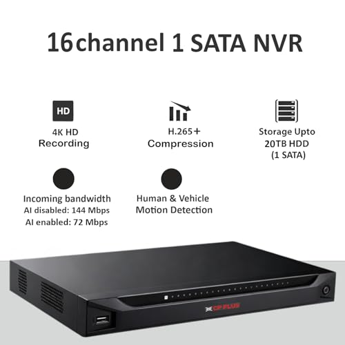 Image of CP Plus 16 Ch. 4K Network Video Recorder, Instastream, H.265, H.264 Compression, Support 1 SATA HDDs up to 20TB Each, 2 USB Ports, 1 HDMI, 1VGA, Perimeter Protection, SMD [CP-UNR-4K2161-V4]