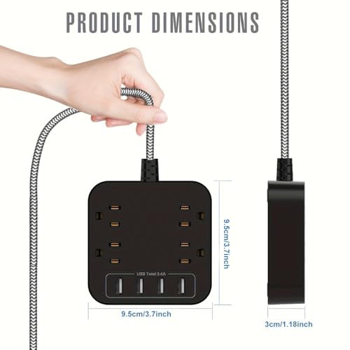 Extensión con enchufe plano, 5 pies, filtro múltiple con 4 puertos USB y 4 tomas amplias, montaje en pared, estación de carga para oficina, viaje y dormitorio miniatura 6