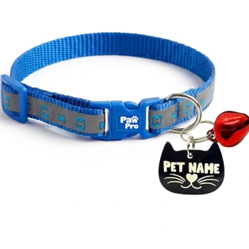 Image of PAWPRO HANDMADE Reflective Cat Collar with Custom ID Tag - Adjustable Collar with Bell for Cats & Small Dogs - Personalized Name Tag (Ocean Pup)