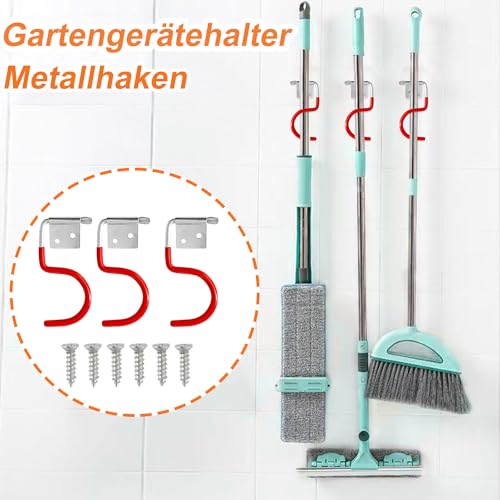 Gartengerätehalter Metallhaken, 15 Stück Gerätehalter Rot Haken, Besenhalter Werkzeughalter, Gummierung Gartengeräte, mit 30 Stück schrauben, Gartenwerkzeug Halterung für Garagen-Ordnungssysteme