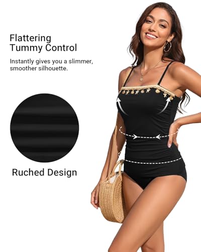 Image of Daci Womens Strapless Tankini Swimsuits- 2 Piece Tummy Control Tankini Swimsuit Bandeau Tankini Tops with Bottoms