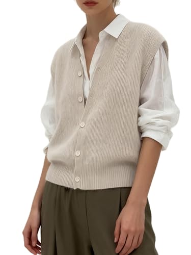 Damen ärmelloses V-Ausschnitt gestricktes Pullover-Weste Y2k Knopfleiste Gestrickte Tank-Tops Lässiges Basic-Cardigan-Pullover-Weste A-Light Grau L