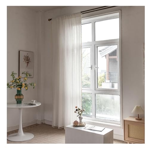 Semi Blackout Embroidered Striped Curtains Farmhouse Light Filtering Window Translucent Curtains with Tassels Drapes for Living Room, Bedroom White