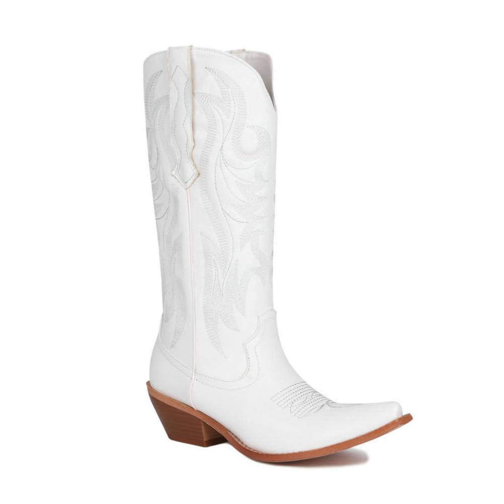Womens Square Toe Cowgirl Boots Pull-On Western Knee High Leather Chunky Block Heel Mid Calf Stitching Embroidered Winter