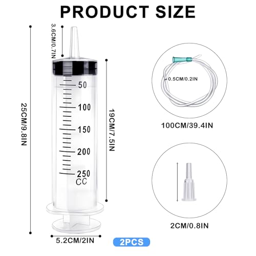 2 Stück Großer Spritze 250ml 350ml 550ml, Plastikspritze mit Schlauch, Liquid Measuring Syringe, Dosierspritze für Industrie, Individually Sealed Spritze, Plastikspritze für Labor (250ml)