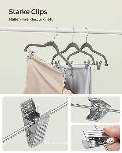 SONGMICS Kleiderbügel Samt, 20er Set, Rockbügel, 42,5 cm breit, mit verstellbaren Clips, rutschfest, platzsparend, für Hosen, Mäntel, Kleider, grau CRF012G20