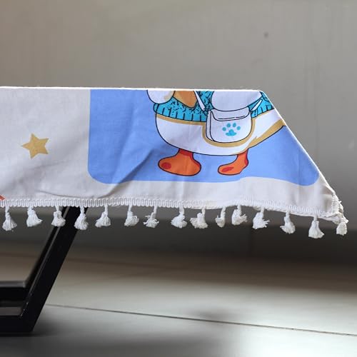 Image of LORETO - A QUALITY LINEN BRAND 100% Pure Cotton Table Cover with Boho Tassels (48 x 48 Inch) - Square Tablecloth for Square Dining Table, Playful Ducks on Creamy Beige
