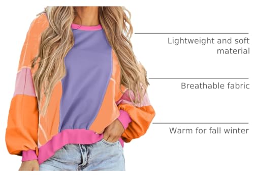 Image of KevaMolly Womens Long Sleeve Tops Colorblock Patchwork Exposed Stitching Oversize Top Round Neck Casual Pullover