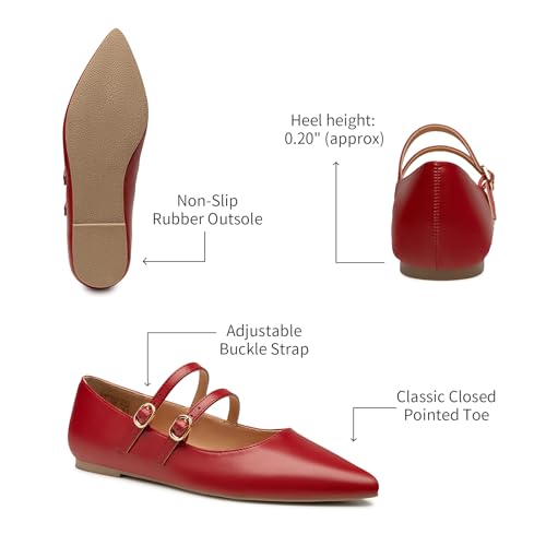 Image of Trary Flats for Women Mary Jane Shoes Women Closed Pointed Toe Ballet Flats Comfortable Slip on Dressy Adjustable Strap Cute Walking Office PU Leather Mary Janes Flat Shoes