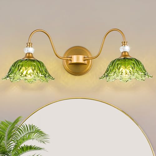 Image of Vintage Bathroom Vanity Light, 2-Light Matte Brass Finish Vanity Light with Floral Green Glass Shades, Retro Wall Sconce for Bathroom, Dressing Table