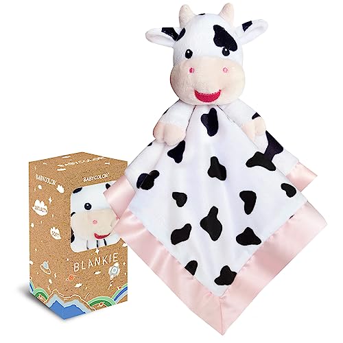 Image of Cow Baby Security Blankets for Girls, Soft Loveys for Baby Girls, 15" Cow Baby Stuff Snuggle Toy Lovie, Baby Girl Gifts for Infant and Toddler, Pink Cow