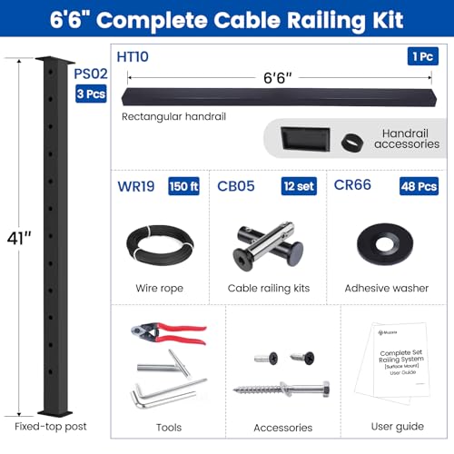 Muzata 3\'-6\'6\" Black Complete Cable Railing Kit 42 Inch Cable Railing System for Decks with Post Handrail Length Adjustable Easy DIY with User Guide Complete Set RCS2 BH4L