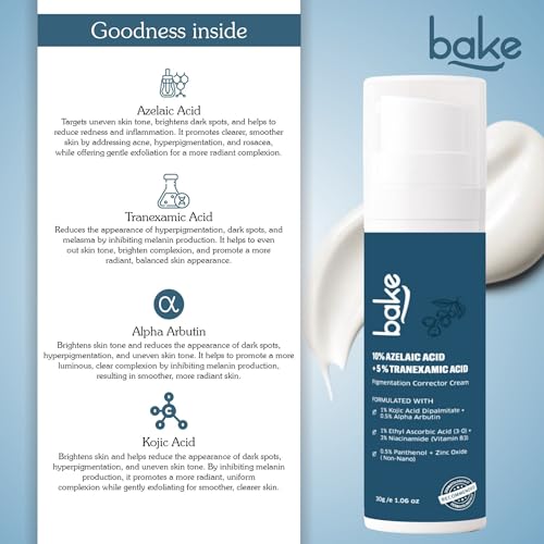 Image of BAKE 10% Azelaic Acid + 5% Tranexamic Acid Pigmentation Corrector Cream for Dark Spots, Pigmentation & Tan Removal | Fades Acne Marks & Scars | For All Skin Types | For Men & Women | 30g