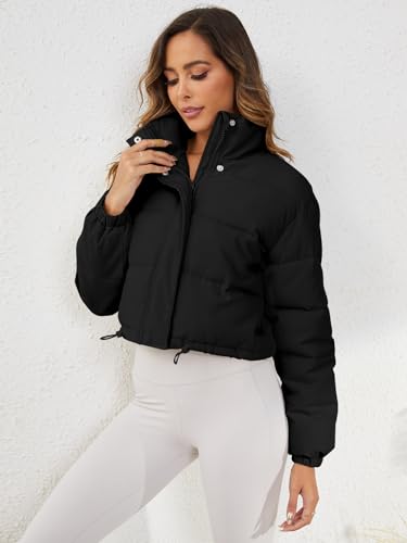 Women's Cropped Puffer Jacket Long Sleeve Puffy Coat Stand Collar Zip UP Quilted Padded Drawstring Outwear with Pockets3