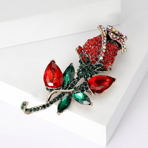 Image of YOQUCOL Elegant Cubic Zirconia Crystal Rhinestone Red Rose Shape Brooch Pin for Women Grils