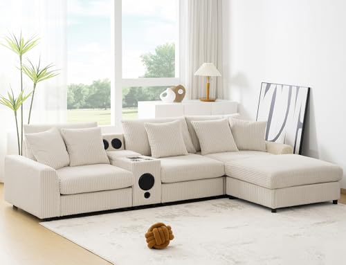 Image of Merax 4 Seater Corduroy Sectional Modular Couch Sofa w /Bluetooth Speakers, L Shaped Deep Seat Cloud Comfy Couches Sofa w /Console, USB Charger, Cup Holders, Storage, Ottoman Chaise for Living Room