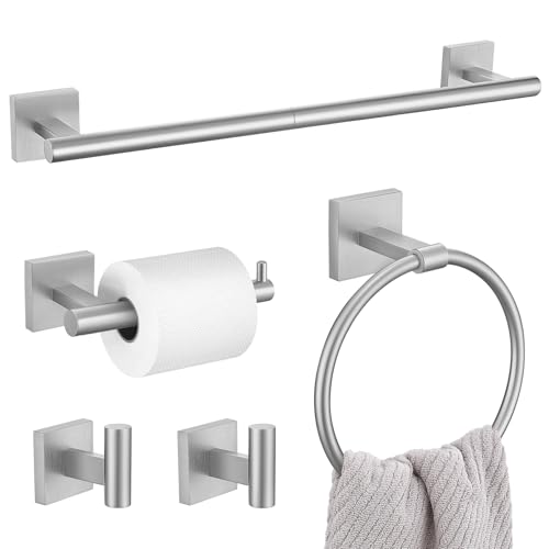 5 Pieces Bathroom Hardware Set Brushed Nickel Towel Bar Set Includes 23.6 Towel Bar Towel Ring Holder Toilet Paper Holder and Two Towel Hooks Bathroom Accessories Set SUS304 Wall Mounted
