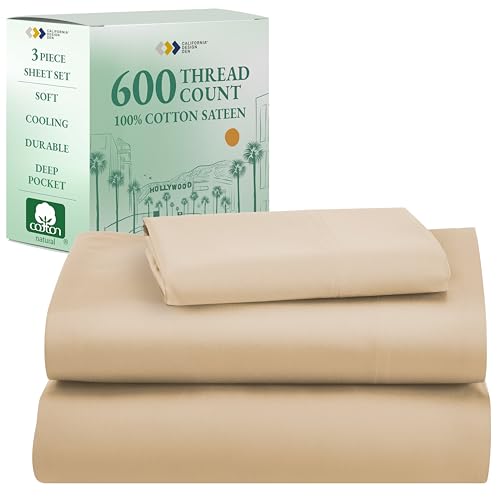 California Design Den Twin Bed Sheets 100% Cotton Sateen, 600 Thread Count, Soft, Cooling Twin Sheet Set, Hotel-Quality Bedding Sheets & Pillowcases (Golden Tan)