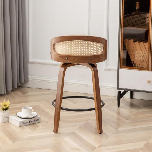 Image of Swivel Rattan Bar Stools with Back Beige Linen Fabric Bar Height Stools 2PC
