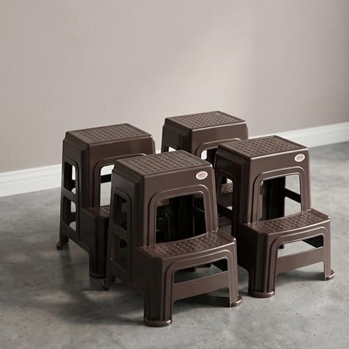 Image of Oaknest Supreme Multipurpose Plastic 2-Step Stool for Kids & Adults - Anti-Slip Lightweight Stepping Stool for Kitchen, Bathroom & Home - Wenge, 4 Piece