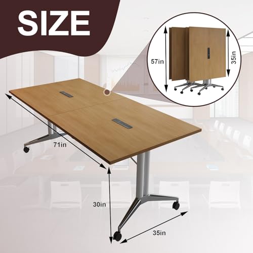 Modern Foldable Retractable Large Conference Table for 8-10 People, Wooden Meeting Table, Designed with Built-in Cable Holes and Foot Brake Pulley for Office Conference Room