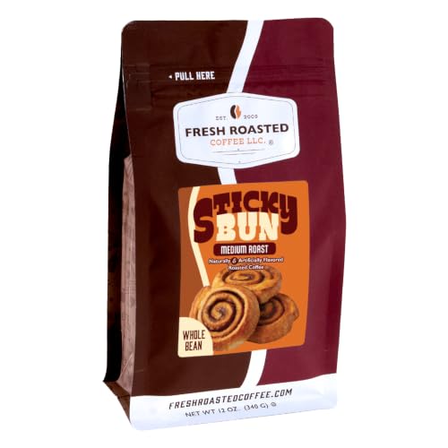 Fresh Roasted Coffee, Sticky Bun Flavored Whole Bean Coffee, Medium Roast, Kosher, 12 oz