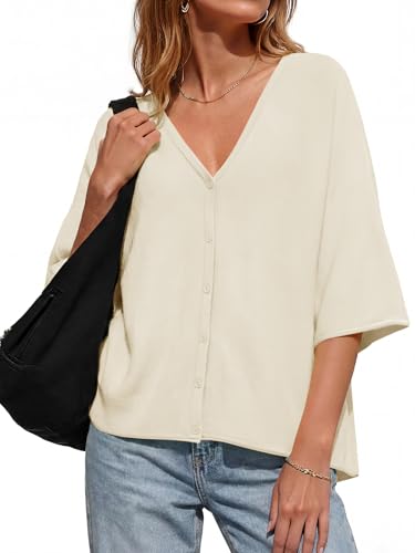 Image of Saodimallsu Womens V Neck Half Sleeve Cardigan Sweaters Summer Knit Tops | Oversized Fit, Button Down, Batwing Sleeve, Soft Lightweight Knitted Fabric, Trendy Casual Style, Summer Fall Outfits
