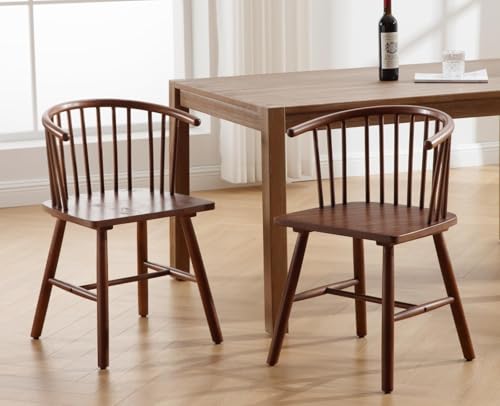 Modernas sillas de comedor Windsor con brazos, diseño rústico de madera, juego de 2 para cocina o sala de estar (acabado de nogal)