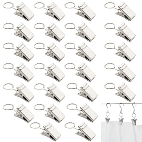 OUDQFCJ 25 Pièces Crochets de Rideau pour Rails, Roulettes et Clips, Antirouille Anneaux en Acier Inoxydable, Tringle à Rideau avec Pince, Oeillets pour Douche et de Fenêtre, Rideau argent