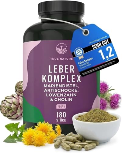Leber Komplex - Testsieger-Online 11/25 - 180 Kapseln mit 480 mg Silymarin - Mariendistel, Artischocke, Löwenzahn & Cholin trägt zur Erhaltung einer normalen Leberfunktion bei - TRUE NATURE