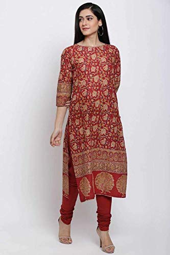 Image of BIBA Women Cotton Straight Kurta Churidar Suit Set