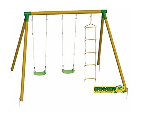 MASGAMES | Columpio de Madera KIBO Deluxe | Dos Asientos Planos de plástico de Cuerdas Regulables + una Escalera de Cuerdas | Madera tratada | Anclajes incluidos | Uso doméstico |