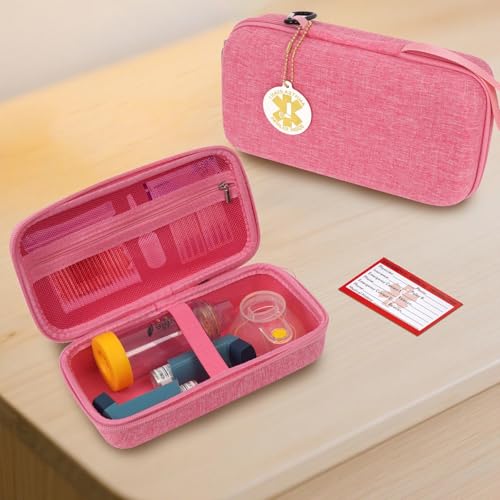 Image of MGZNMTY Travel Carrying Case Compatible with Asthma Inhaler Spacer for Adults and Children, Masks, Inhaler Holder with Asthma Alert Tag and Medical Card, Carabiner (Only Case) (Pink)