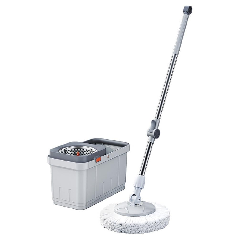 Spin Mop Lavapavimenti con Sistema di Strizzatura Manuale Attivabile Attraverso Il Manico, Set per La Pulizia dei Pavimenti con Secchio E Cestello in Acciaio Inox, Panno 100% Microfibra