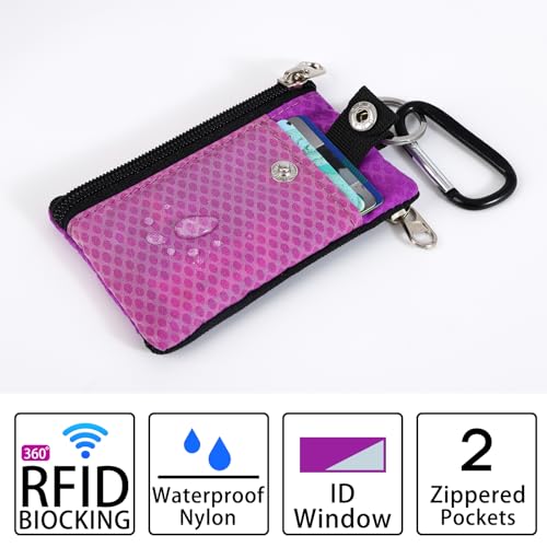 Image of MASAPHlL Small Lanyard Wallet for Women /Men with RFID Blocking ID Card Wallet, Minimalist Nylon Zipper Pouch, Travel Neck Wallet with Keychain, ID Window for Card,Coin,Cash (Pink-Purple+Fuchsia)