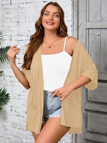 Image of AusLook Plus Size Cardigan for Women Short Sleeve Lightweight Open Front Shrug with Pockets for Dresses and Layering 1X-5X