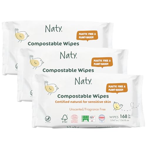 Eco by Naty plastikfreie Baby Feuchttücher unparfümiert - 100 % kompostierbare und pflanzliche Tücher, gut für Babys und die empfindliche Haut von Neugeborenen (3 x 56 | 168 Stück)