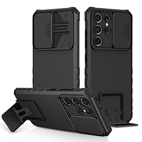 Image of ShieldTech Back Cover Case for Samsung Galaxy S21 Ultra 5G | Sliding Camera Shield | Stereoscopic Stand | Shockproof 360 Protection | PC + TPU Hybrid Mobile Phone Case for Samsung S21 Ultra | Black