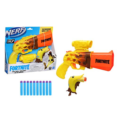 Image of Nerf Fortnite 2-Blaster Peely Pack Includes SR-Ripe Blaster with 4-Dart Hammer Action, Micro Peely Blaster, and 10 Official Nerf Elite Darts