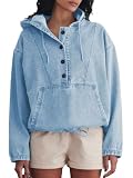 Aomice Women's Denim Hoodie Half Button Down Pullover Jacket Jean Sweatshirt Tops with Pockets Light Blue 2XL