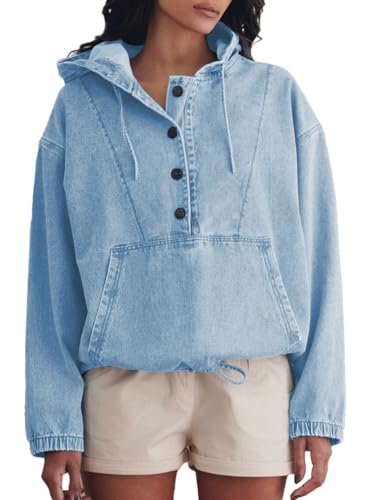 PINSV Women’s Denim Hoodie Jacket Lightweight Button Up Jean Pullover with Drawstring Hood Casual Long Sleeve Sweatshirt Light Blue M