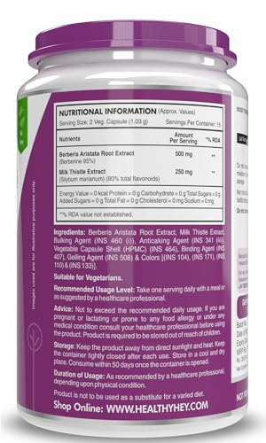 Image of HealthyHey Berberis - Berberine 95% with milk Thistle - Support Weight Management & Healthy Glucose Levels Supplements - 750 mg Veg. 30 Capsules