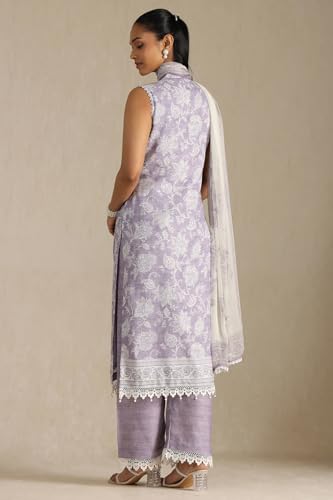 Image of Soch Womens Purple Linen Blend Botanical Print Suit Set With Beads