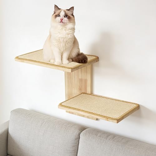 Fesatccoz Pared de Escalada para Gatos con 2 Plataformas y Alfombrillas de Sisal Pared Estantes de Pared para Gatos de Madera Maciza Espacioso para Juego y Descanso