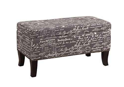 Linon Stephanie Script Linen Ottoman, 32"W x 16"D x 18"H, Gray/Black
